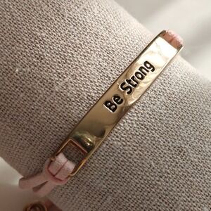Charming Be Strong Bracelet Inspirational Bar Pink Suede Gold Tone Adjustable